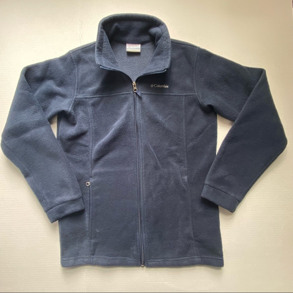 Columbia Full Zip Navy Blue Fleece Jacket Junior Size Large 14/16; Women SM/MED
